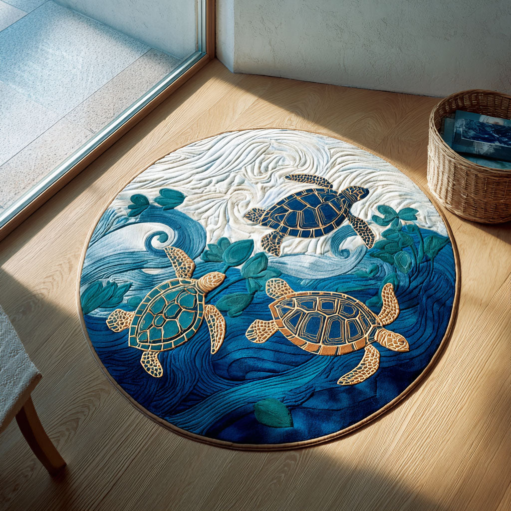 Blue Lagoon round rug – turtles in blue waves