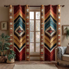 Chevron Kilim quilted curtains – chevrons and diamonds in teal and red