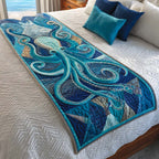 Blue Octopus quilted bed runner – blue octopus in swirling teal waves