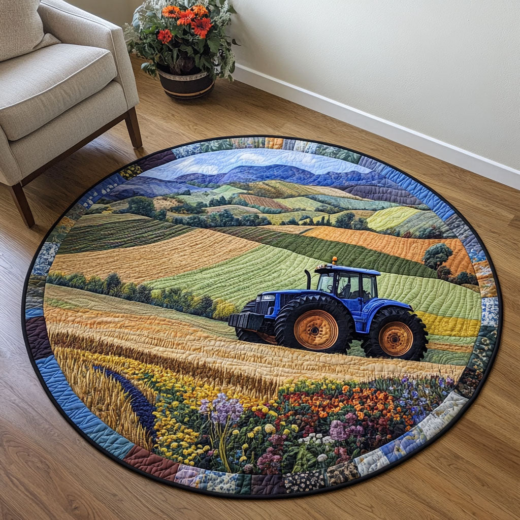 Blue Tractor round quilted mat – blue tractor in fields