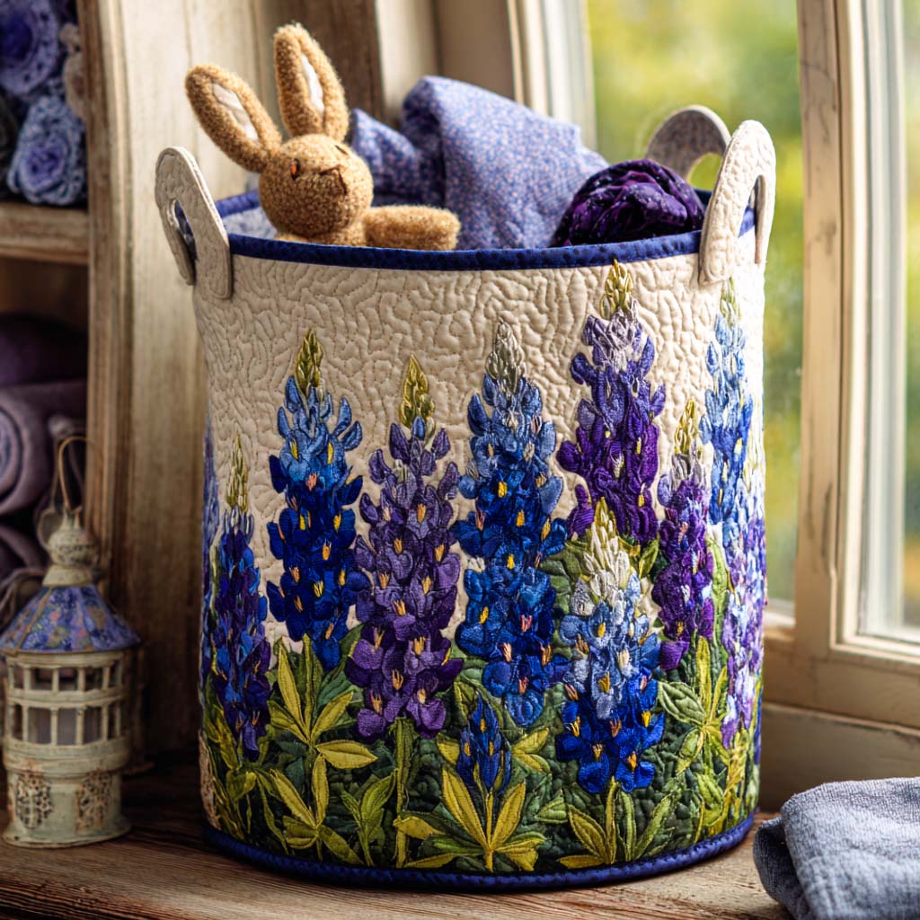 Quilted laundry basket with a Bluebell Path design of drifting bluebells nodding across a soft green woodland ground, with wave stitching and carry handles