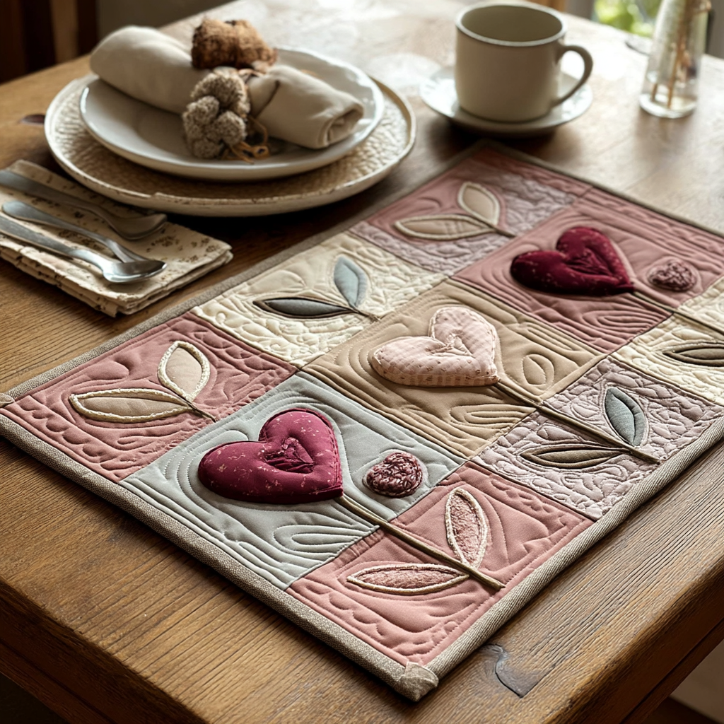 Blush Heart Squares quilted placemats – hearts in blush squares
