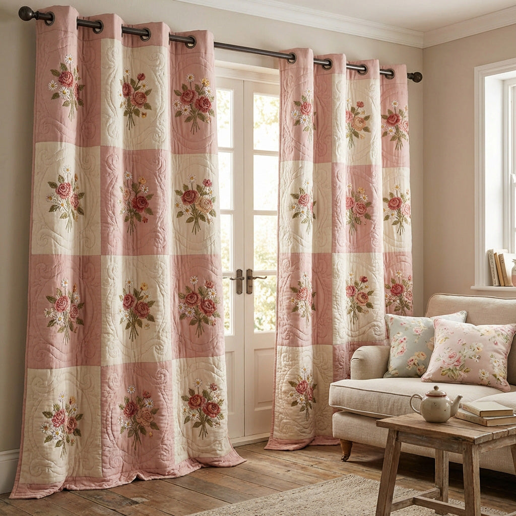 Blush Rose Squares quilted curtains – roses in blush pink squares