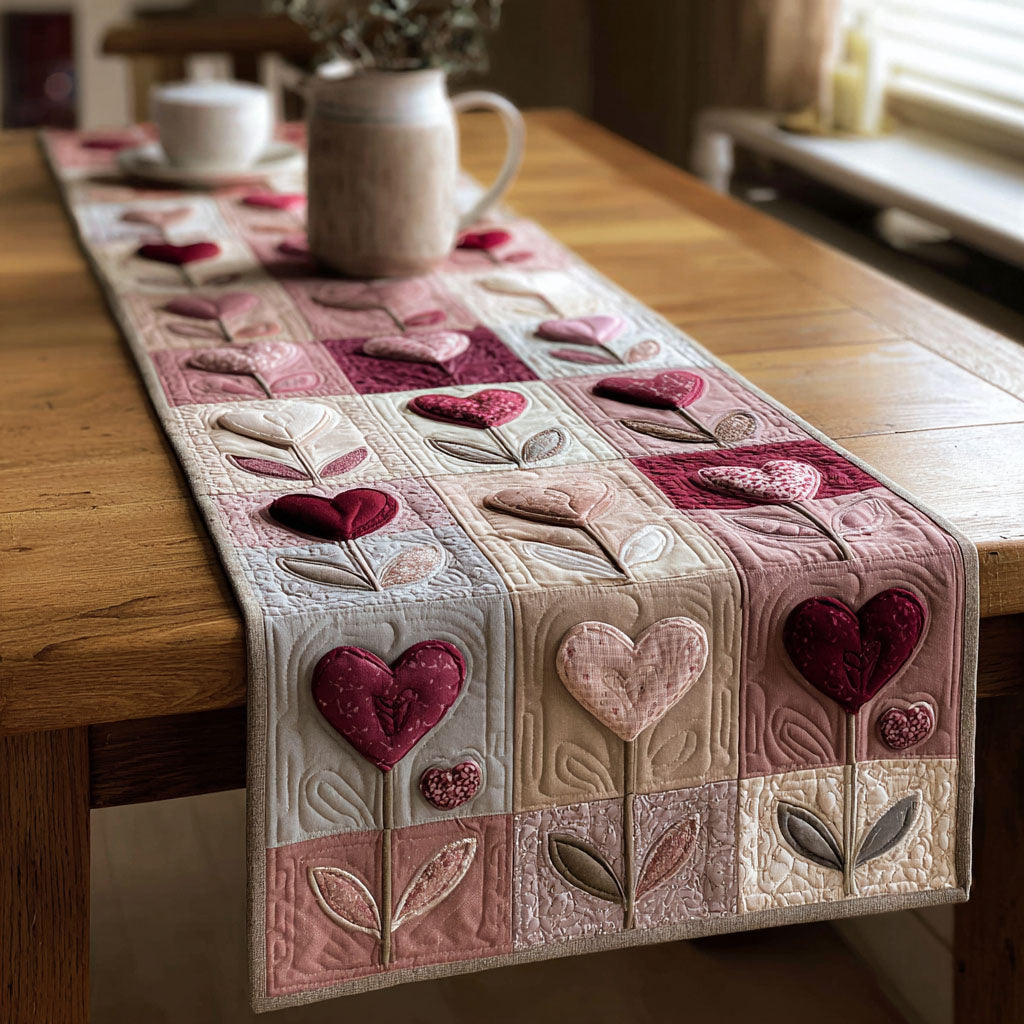 Heart Blossoms quilted table runner – heart flowers on blush