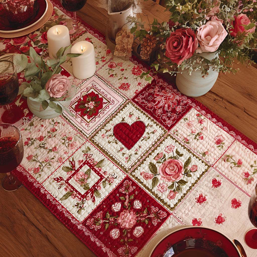 Quilted table runner with open roses and scattered hearts in deep red and blush on a pale ground