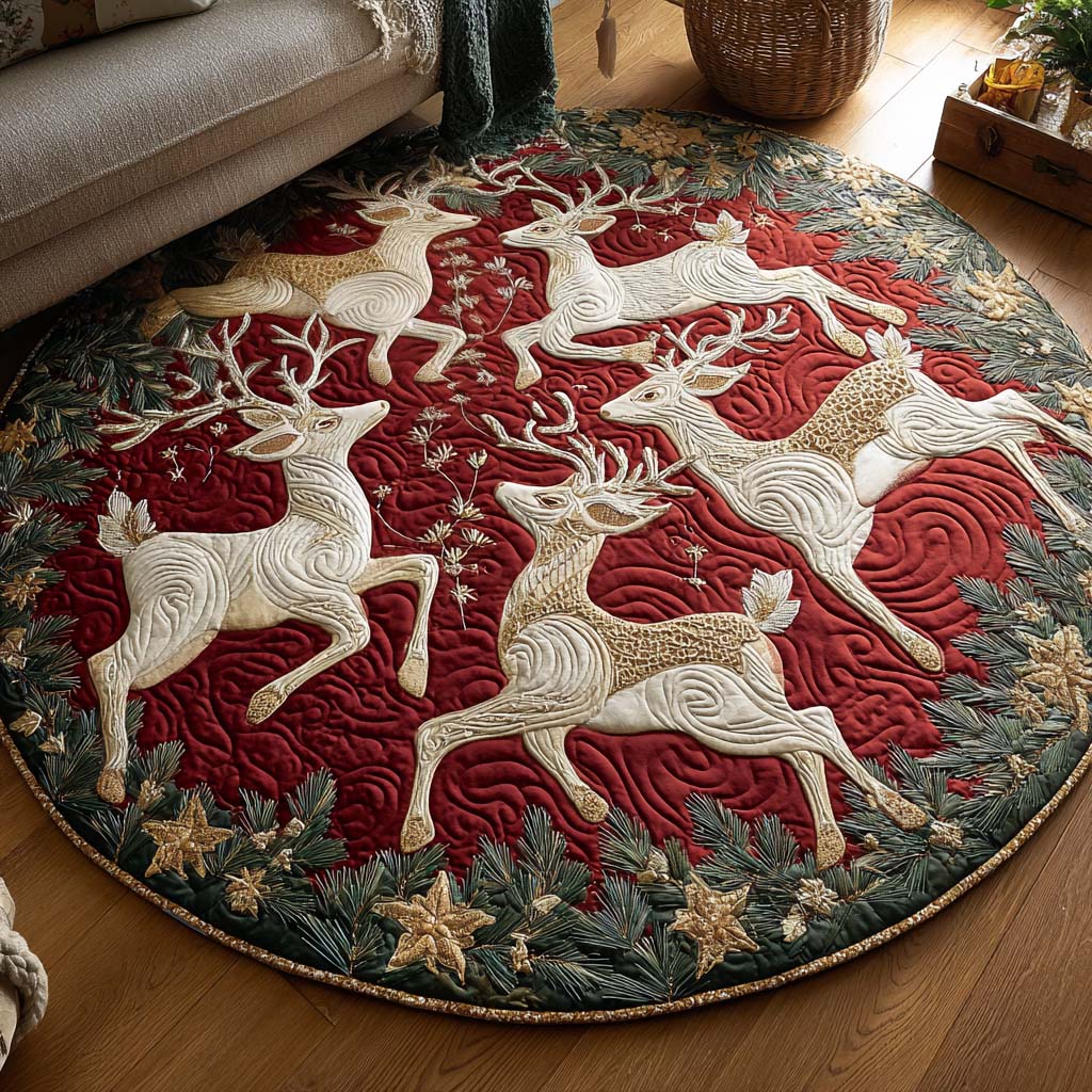 Blushing Reindeer round quilted mat – leaping reindeer