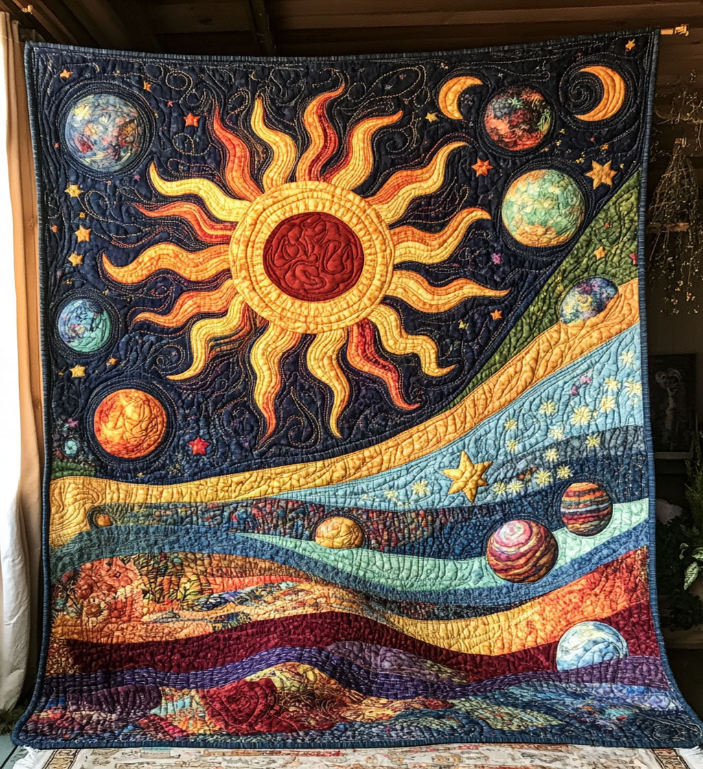 Boho Sun and Planets quilted throw – golden sun among planets with swirling bands