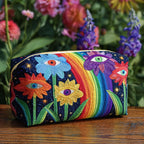 Quilted make-up bag with the Boho Fungus design of retro toadstools, daisies and patchwork panels in orange, brown and mustard