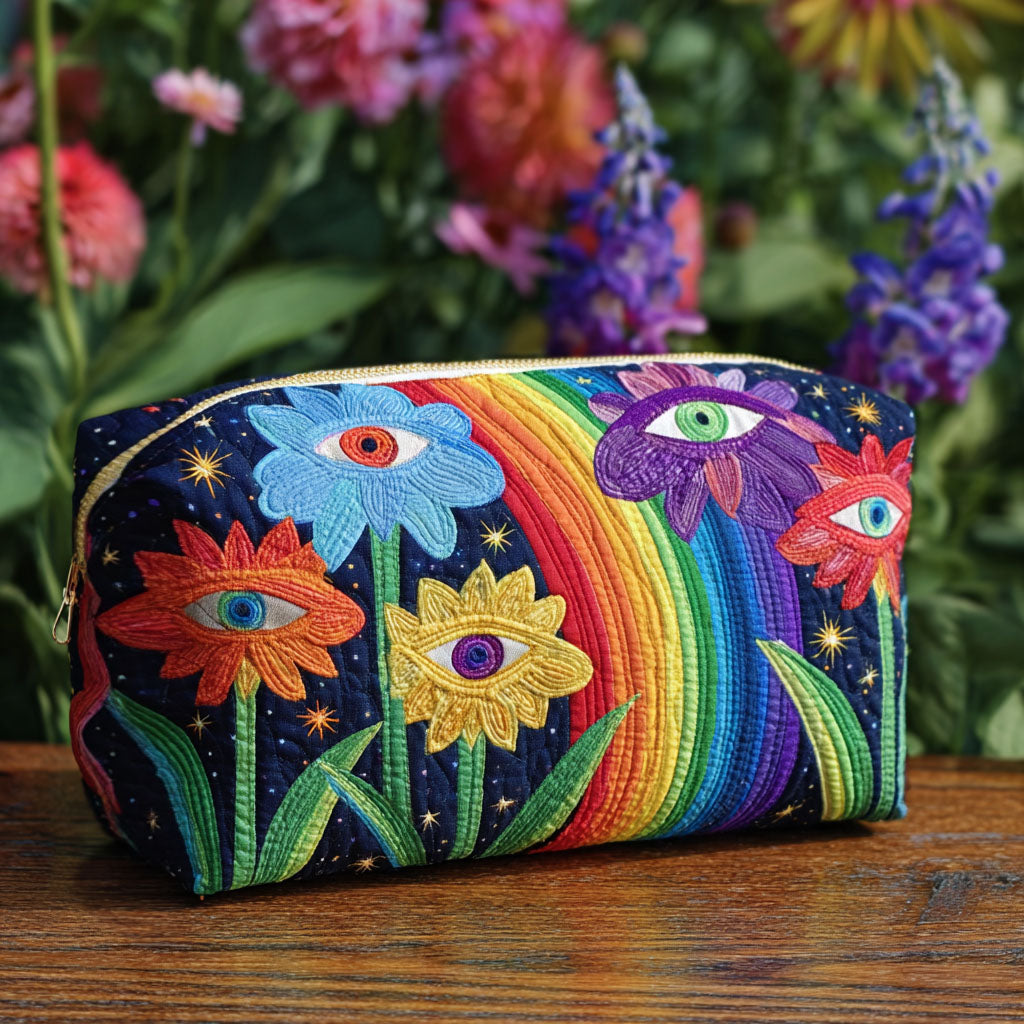 Quilted make-up bag with the Boho Fungus design of retro toadstools, daisies and patchwork panels in orange, brown and mustard