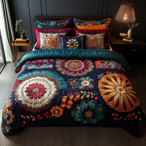 Boho Medallions quilted bedspread set – colourful boho medallions on navy