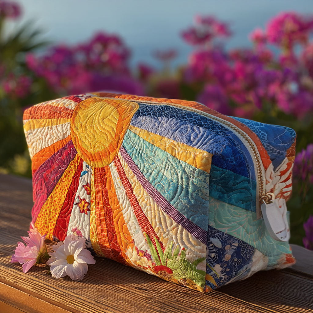 Quilted make-up bag with the Boho Rays design of retro sunburst rays, daisies and small toadstools in amber, rust and cream
