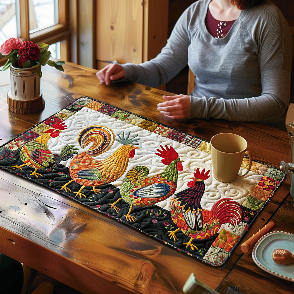 Bold Roosters quilted placemats – colourful patterned roosters