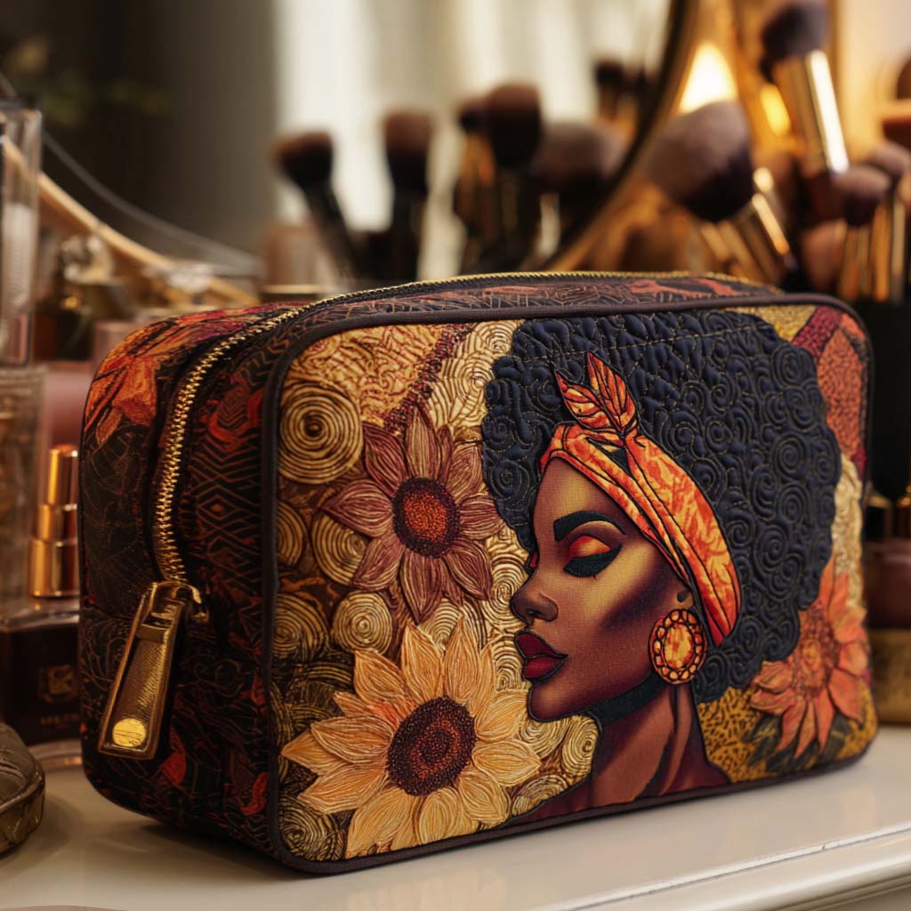 Bold Bloom quilted make-up bag with portrait of a woman in a patterned head wrap with large sunflowers