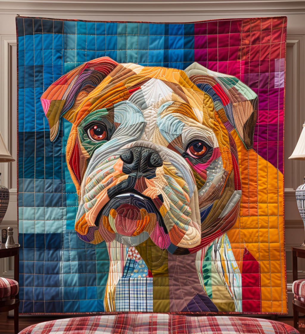 Patchwork Bulldog quilted throw – bulldog face in colourful patchwork