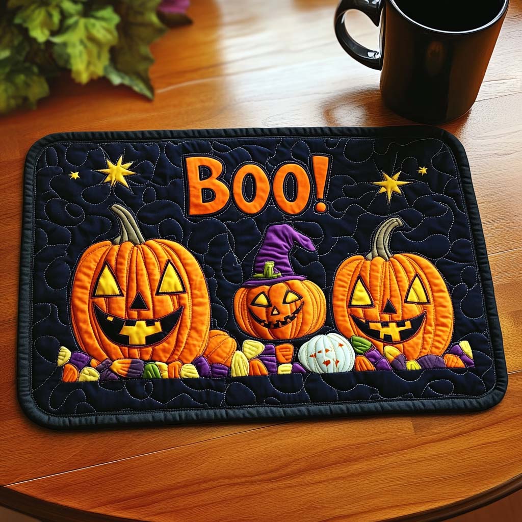 Boo Pumpkins quilted placemats – jack-o'-lanterns with Boo
