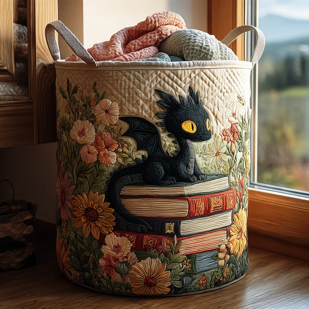 Little Book Dragon quilted laundry basket – dragon on books