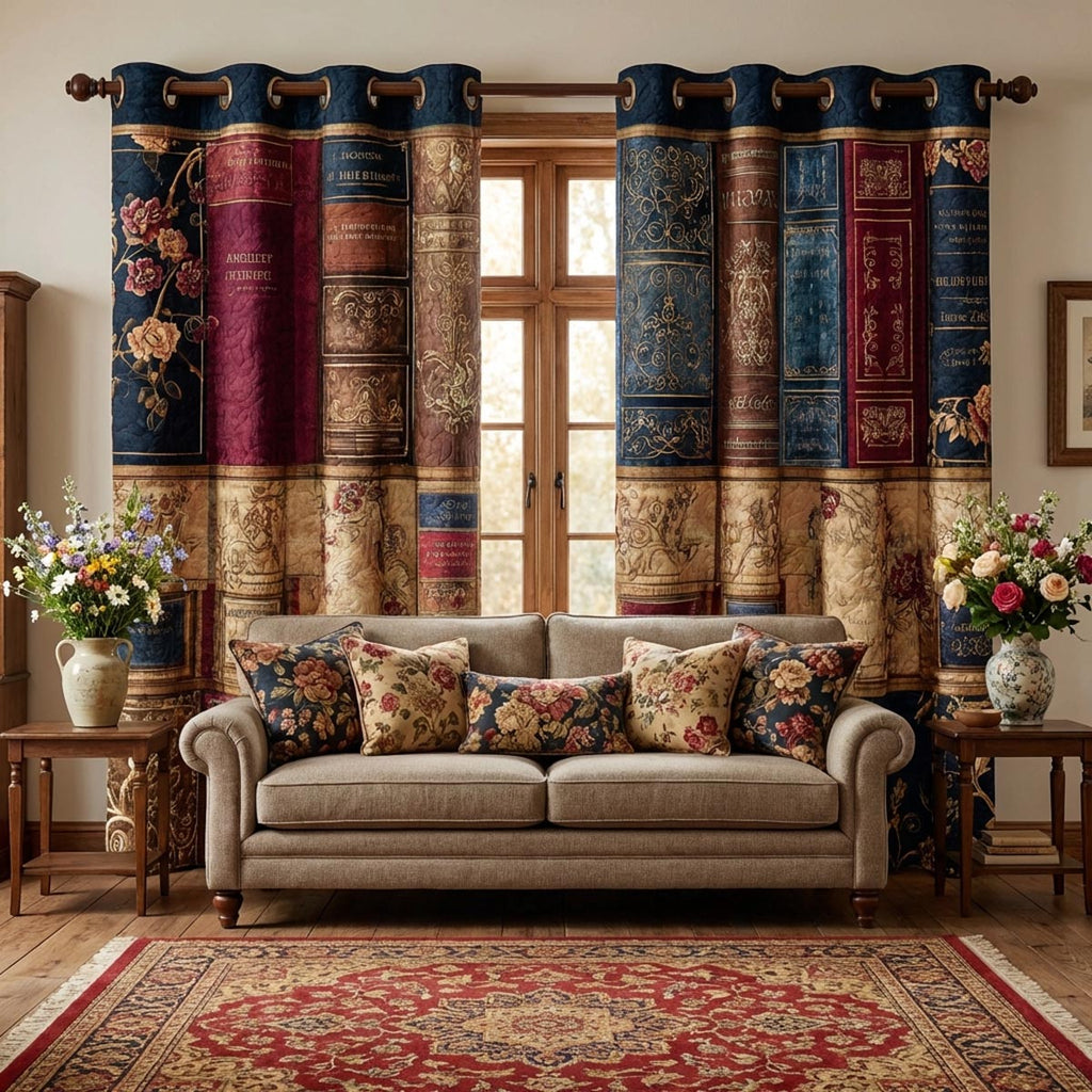 Library Spines quilted curtains – rows of book spines