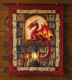 Library Dragon quilted throw – red dragon with a lantern among books