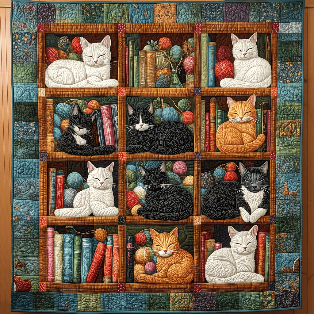 Cats on the Shelves quilted throw – cats napping on bookshelves
