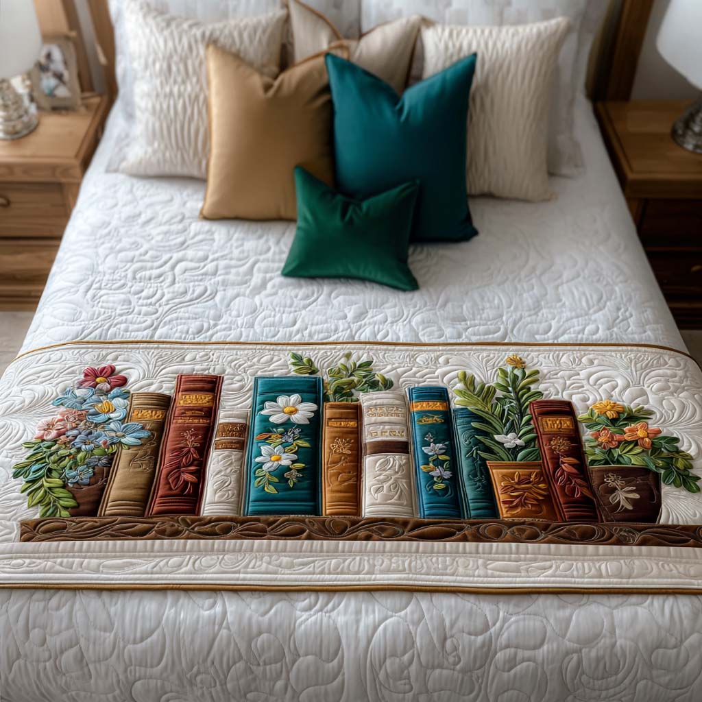 Bookshelf and Plants quilted bed runner – shelf of books and potted plants