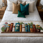 Bookshelf and Plants quilted bed runner – shelf of books and potted plants