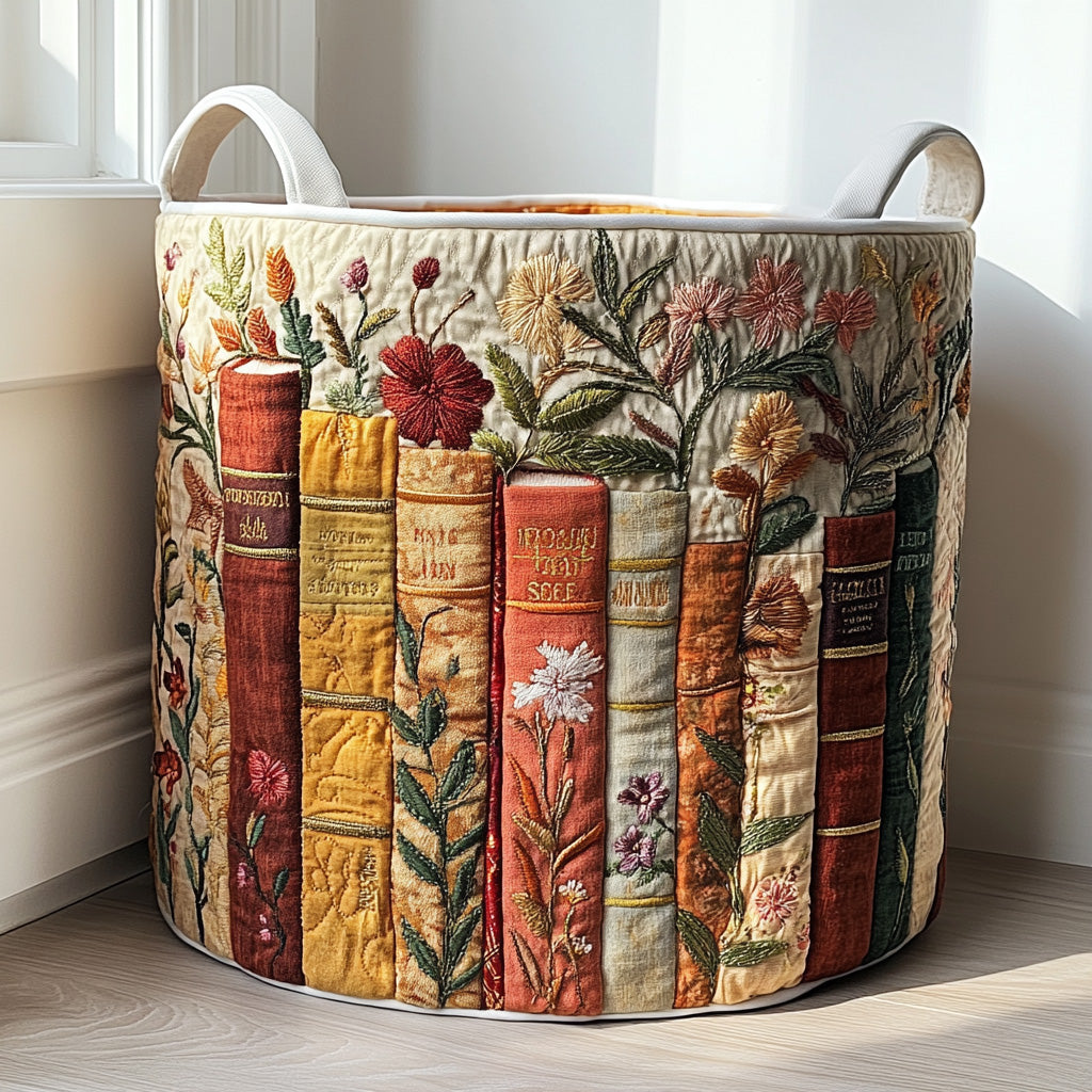 Botanical Book Spines quilted laundry basket – books with botanicals
