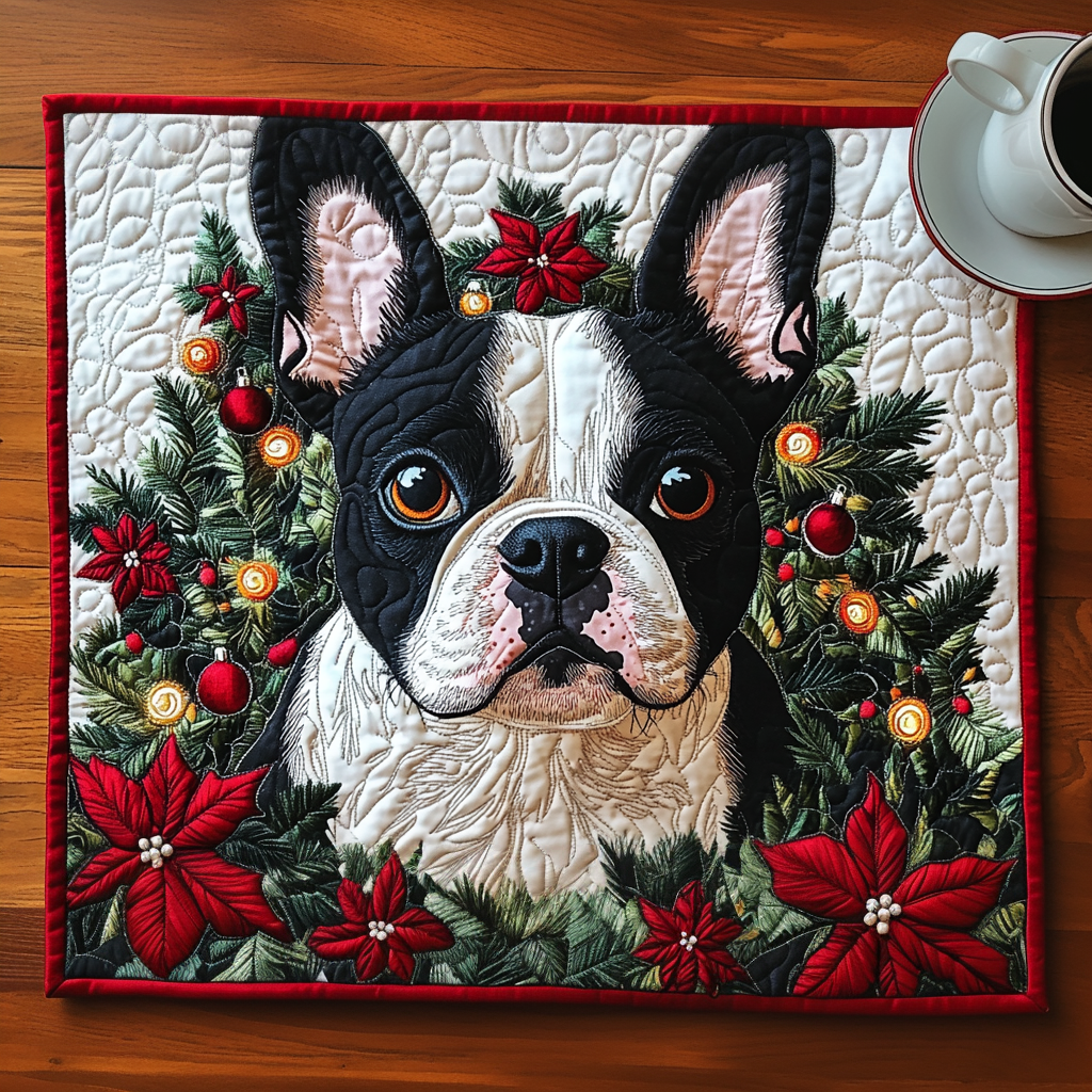 Christmas Boston Terrier quilted placemats – boston terrier among poinsettias