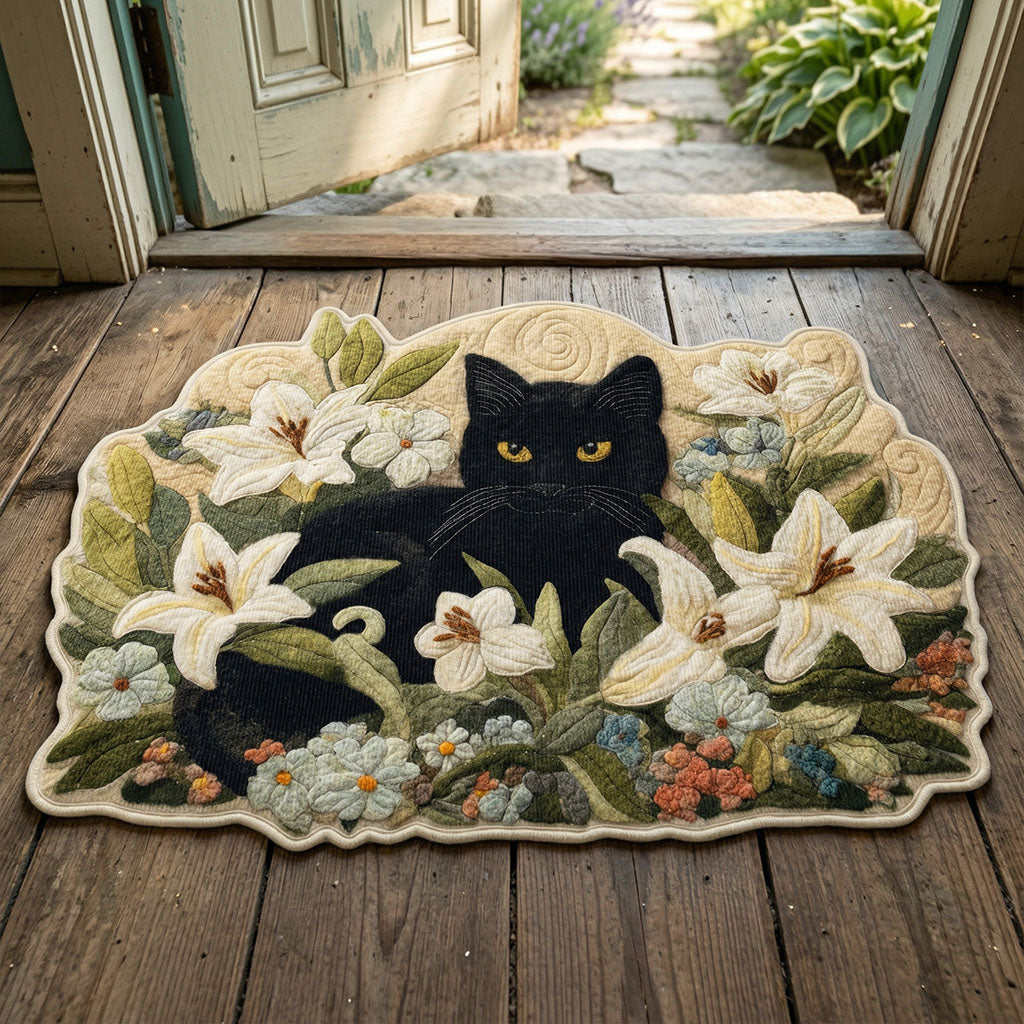 Botanical Black Cat shaped doormat – black cat and lilies