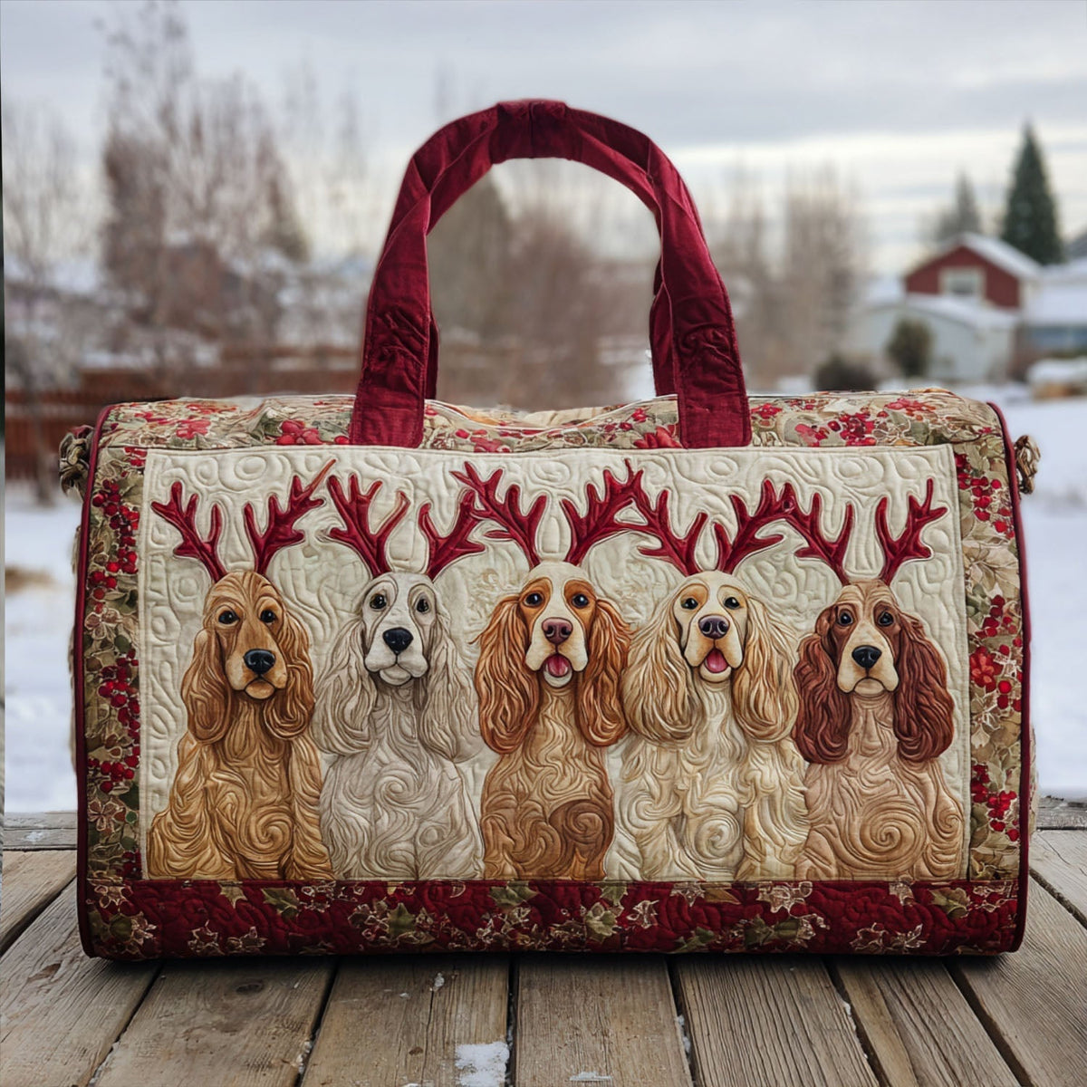 Bouncy Spaniels quilted weekend bag – spaniels in antlers