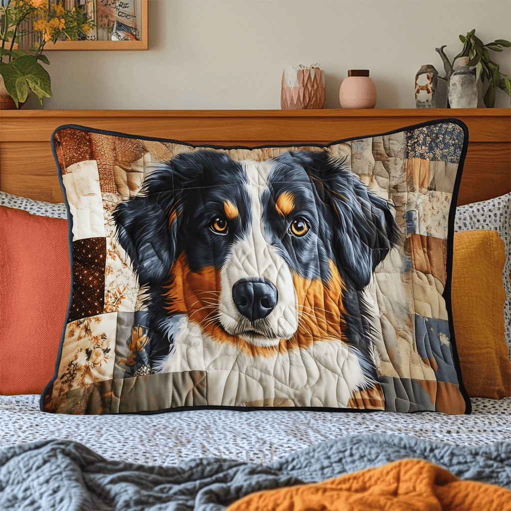Bernese Patchwork Portrait quilted pillowcase – bernese face framed by warm patchwork