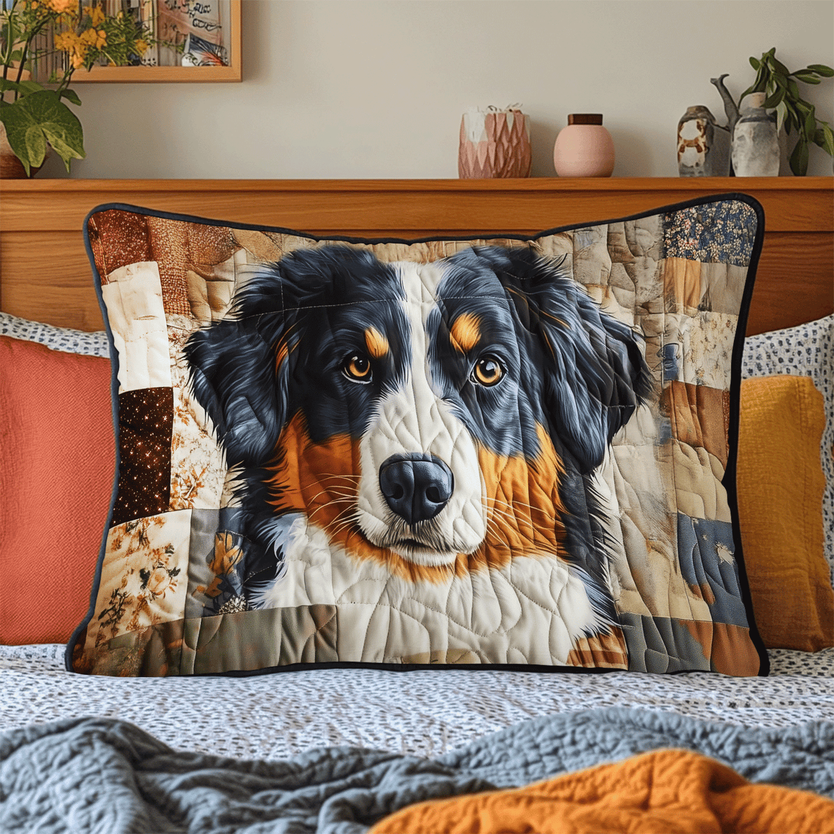 Bernese Patchwork Portrait quilted pillowcase – bernese face framed by warm patchwork