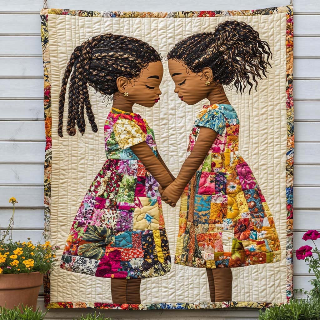 Sisters quilted throw – two girls in patchwork dresses holding hands