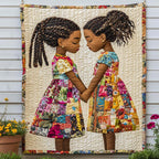 Sisters quilted throw – two girls in patchwork dresses holding hands