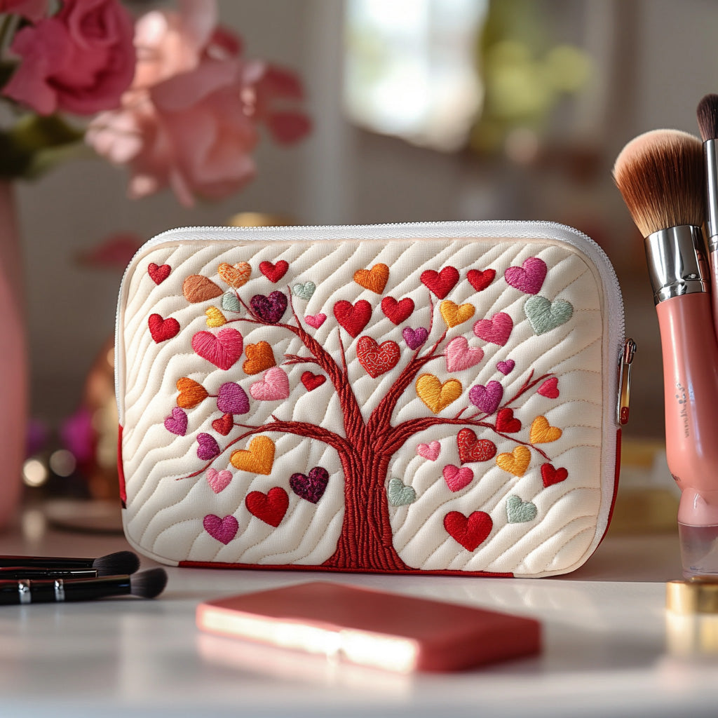 Branch of Eternity quilted make-up bag with tree whose leaves are pink and red hearts, on white quilting