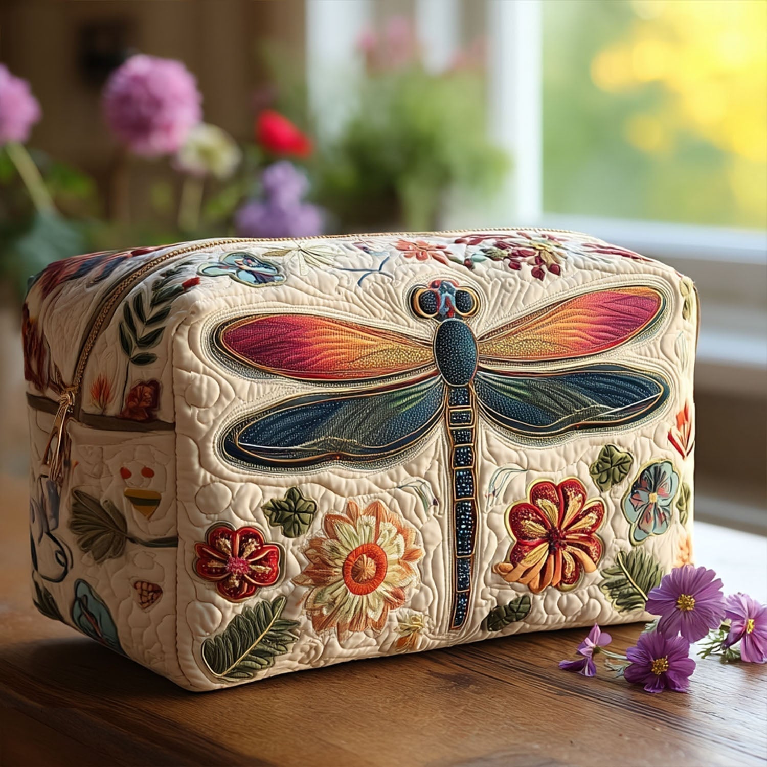 Quilted make-up bag with the Breeze Catcher design of folk-art dragonflies hovering over simple Scandinavian wildflowers on padded quilting