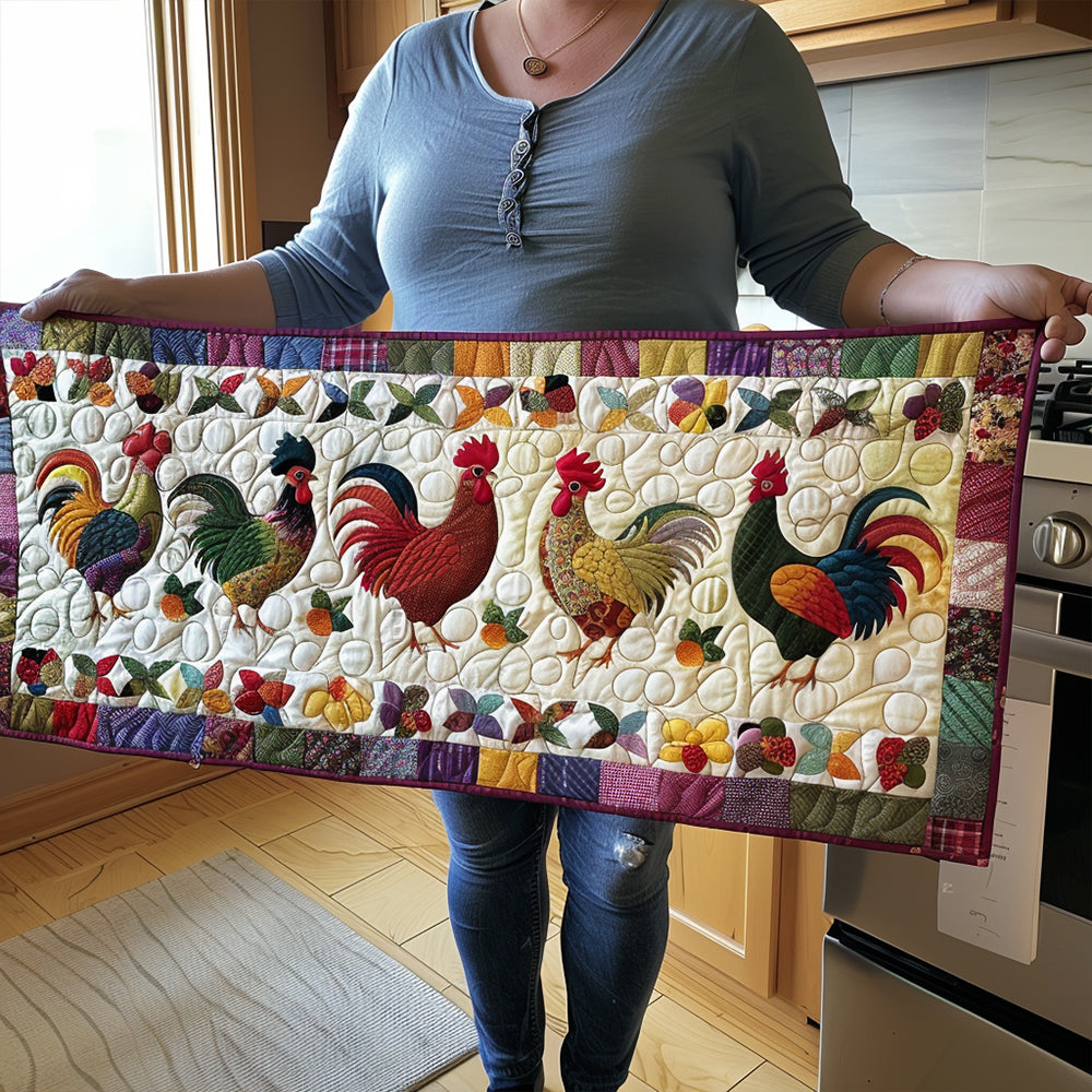 Rooster Row quilted table runner – row of colourful roosters