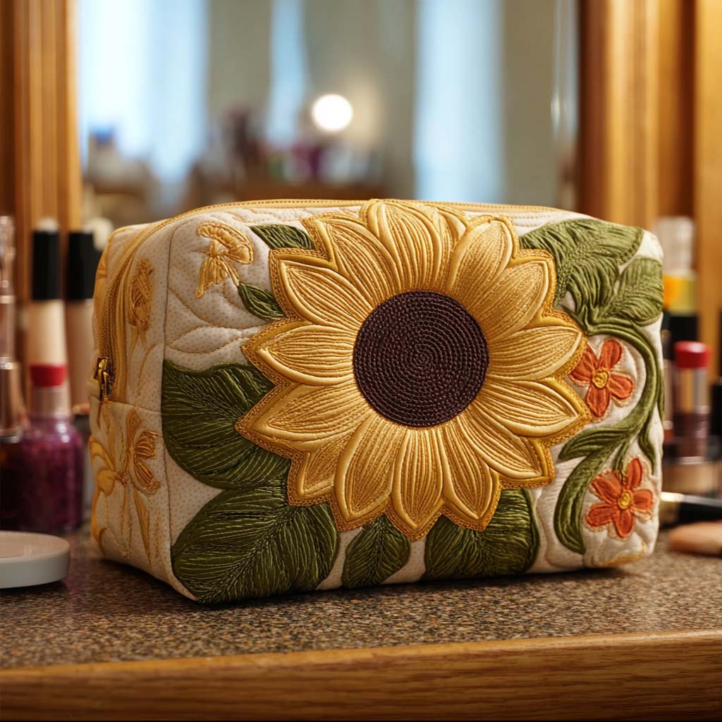 Quilted make-up bag with the Bright Blossom design of bold sunflower heads in strong yellow and burnt orange with dark centres and green leaves