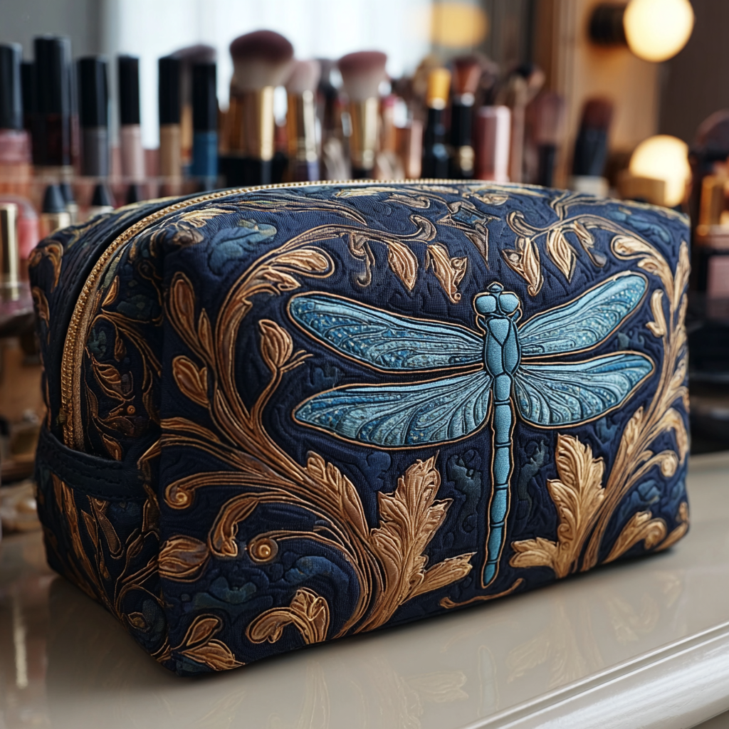 Bright Dragonfly quilted make-up bag with blue dragonfly on navy with gold baroque scrolls