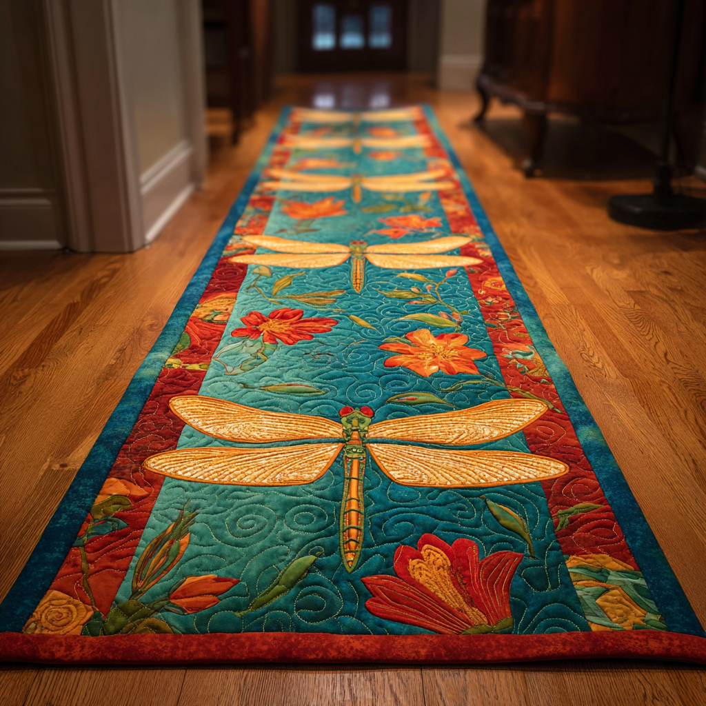 Vibrant Dragonfly hallway runner – dragonflies on teal