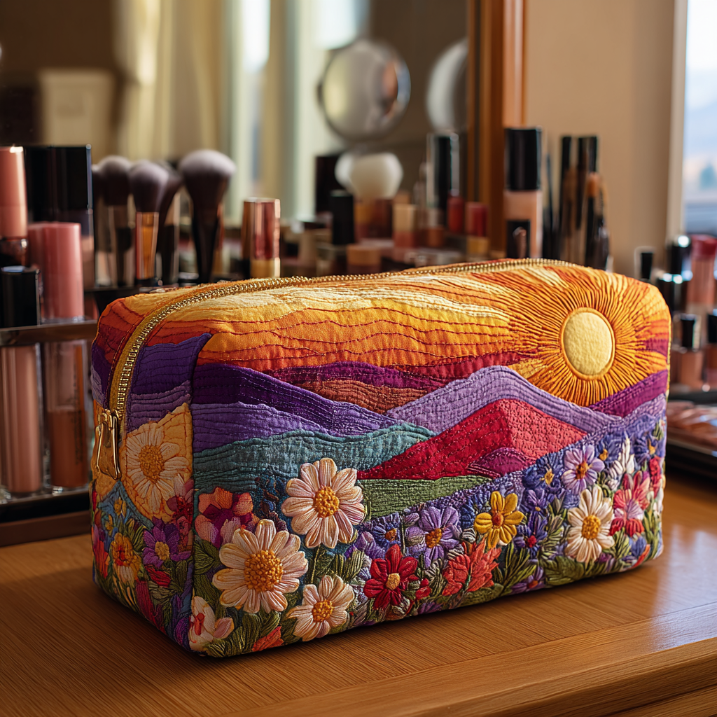 Bright Essence quilted make-up bag with rolling hills under a sunset sky with a wildflower foreground