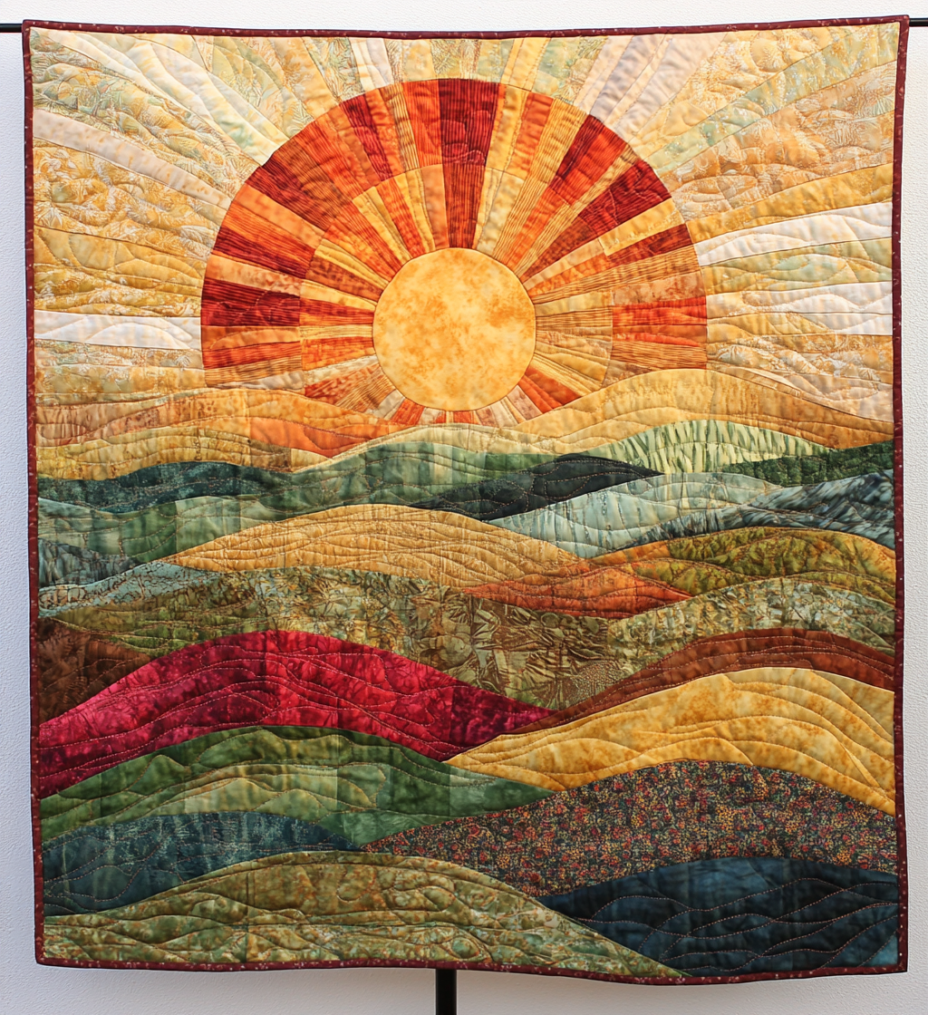 Sunrise Hills quilted throw – sun rising over rolling coloured hills