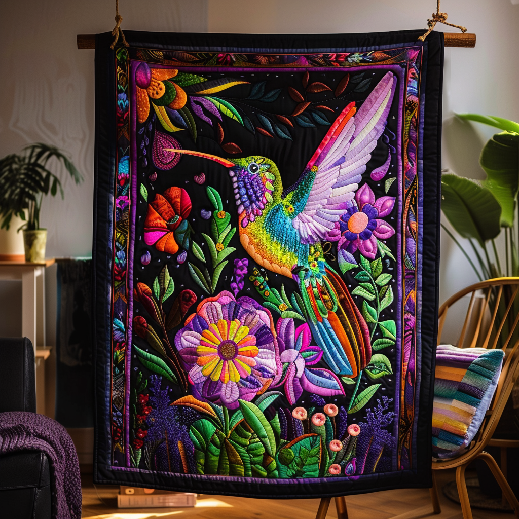 Hummingbird Garden quilted throw – rainbow hummingbird among bright flowers
