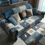 Starfish Shore quilted sofa cover – starfish and shells in blue patchwork