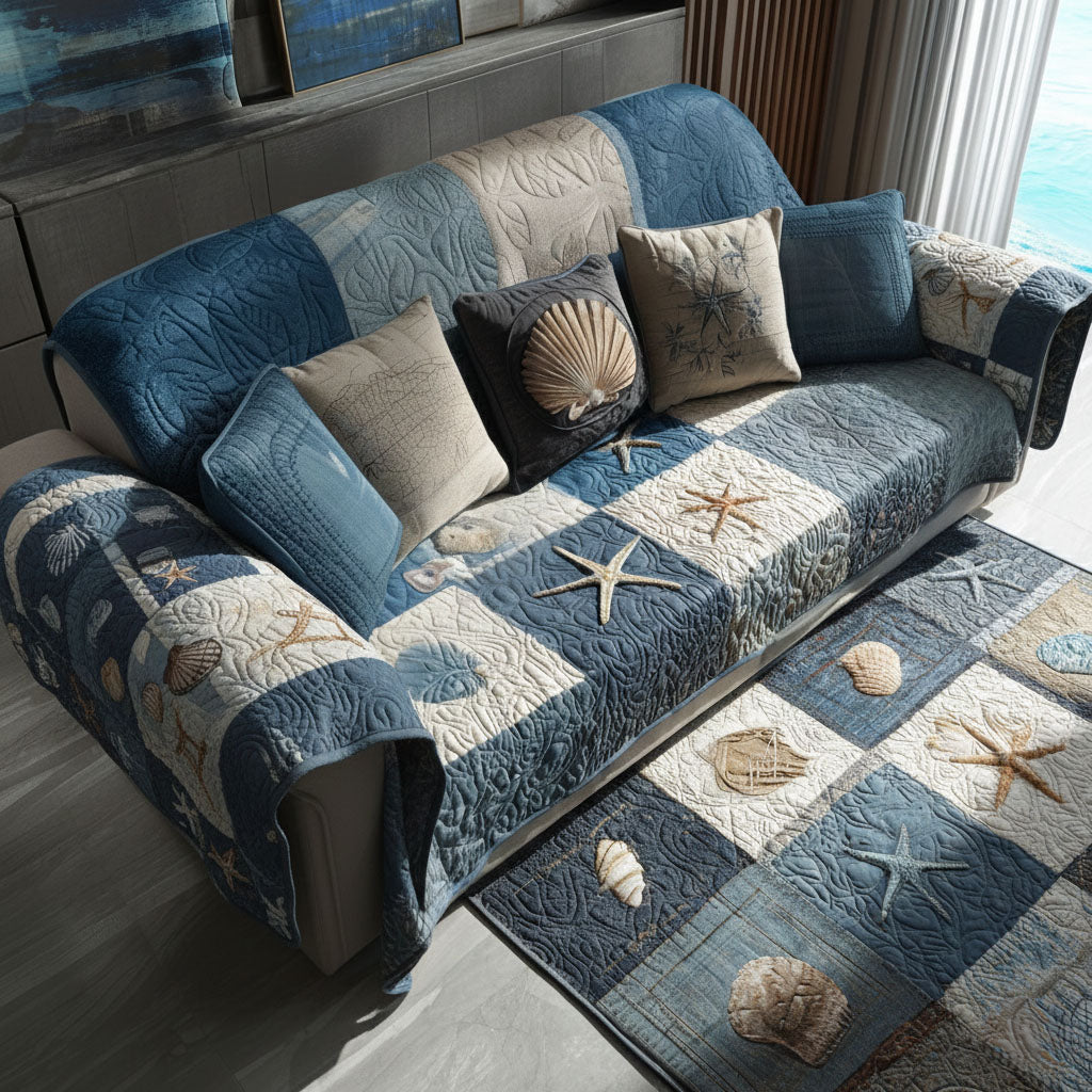 Starfish Shore quilted sofa cover – starfish and shells in blue patchwork