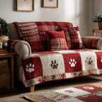Cranberry Paws quilted sofa cover – paw prints on cranberry red