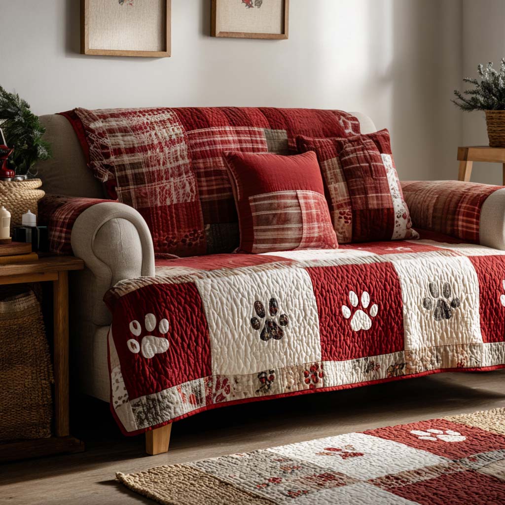Cranberry Paws quilted sofa cover – paw prints on cranberry red