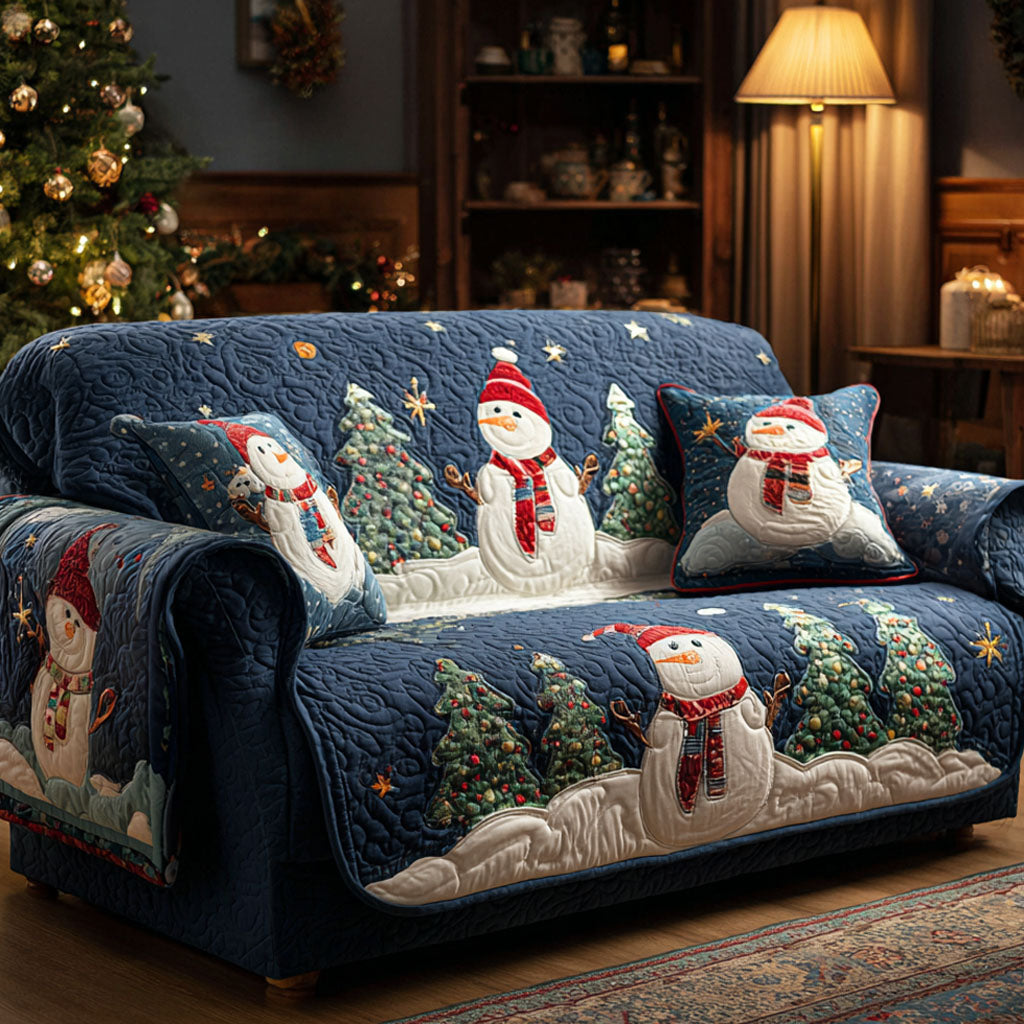 Snowman Pine Night quilted sofa cover – snowmen among pines on navy