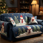 Snowman Pine Night quilted sofa cover – snowmen among pines on navy