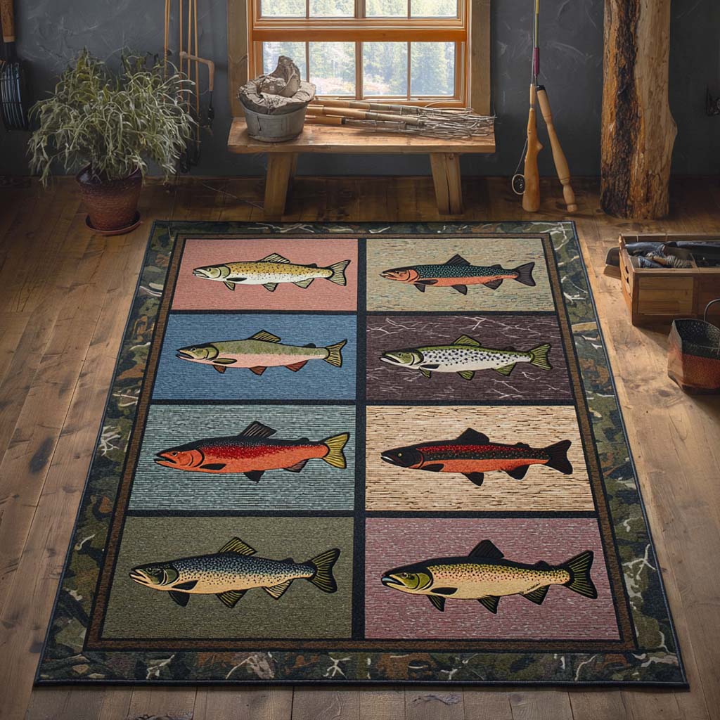 Brookside Trout rug – trout in squares