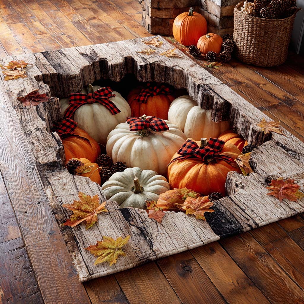 Gingham Harvest rug – pumpkins with bows